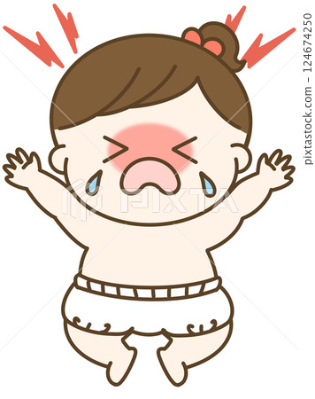 A cute illustration of a baby girl in a diaper having a tantrum and crying loudly 124674250