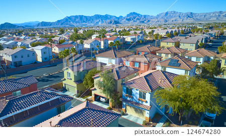 Aerial of Suburban Las Vegas Neighborhood with Solar Homes Aerial of Suburban Las Vegas Neighborhood with Solar Homes 124674280