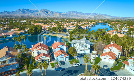 Aerial of Desert Suburb with Lake and Mountains Aerial of Desert Suburb with Lake and Mountains 124674289