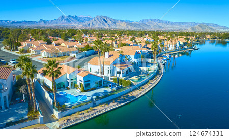 Aerial of Upscale Desert Waterfront Community in Las Vegas 124674331
