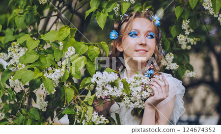 Beautiful blonde model with blue makeup and flower crown posing in a garden full of white and purple lilac flowers 124674352