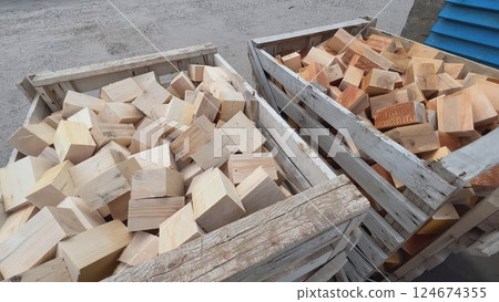 Wooden crates containing firewood for winter heating 124674355