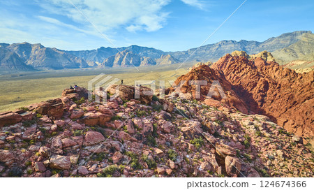 Aerial of Red Rock Canyon Sandstone and Hikers Exploring 124674366