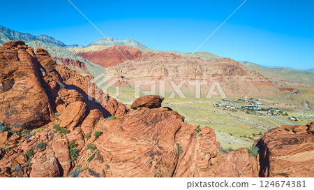 Aerial of Red Rock Canyon Sandstone Formations Nevada 124674381