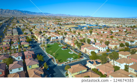 Aerial Suburban Desert Community with Central Park and Mountain Views 124674383