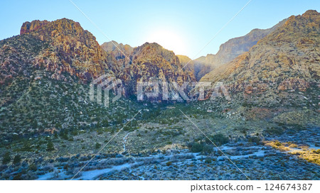 Aerial Fly Through Red Rock Canyon at Sunset 124674387