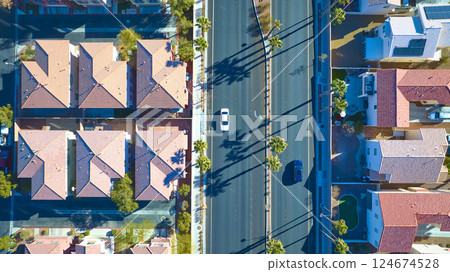 Aerial Top Down Suburban Neighborhood with Palm Trees and Cars Moving 124674528
