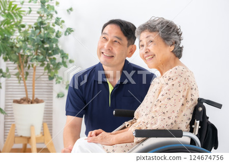 Senior woman in wheelchair and male caregiver Senior woman in wheelchair and male caregiver 124674756