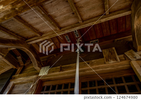 Close-up of a shrine bell, hemp rope, and paper streamers at Mikkahara Kannondo, Hitoyoshi City, Kumamoto Prefecture Close-up of a shrine bell, hemp rope, and paper streamers at Mikkahara Kannondo, Hitoyoshi City, Kumamoto Prefecture 124674980