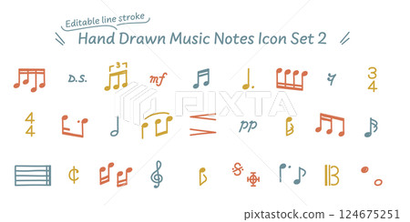 Vector data with editable lines. A colorful icon set of various hand-drawn musical note symbols that can also be used in manga. 124675251