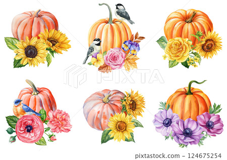 pumpkins set with sunflower watercolor autumn floral composition hand painted thanksgiving clipart orange pumpkin leaves 124675254