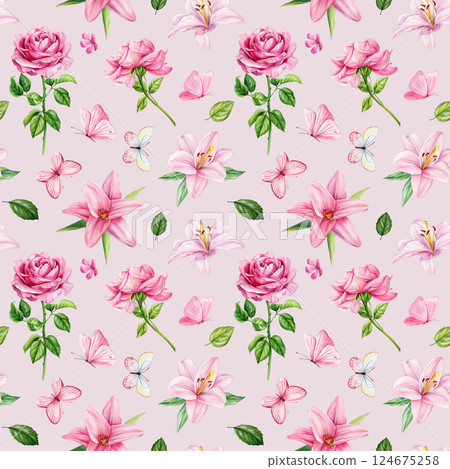 seamless floral pattern with pink roses lilies and butterflies, watercolor hand painted blooming flowers on background 124675258