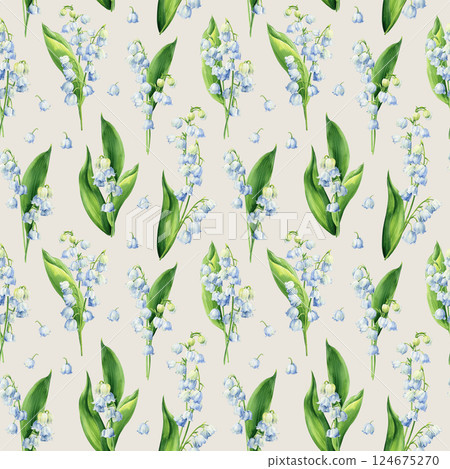 seamless pattern with lily of the valley flowers, watercolor hand painted floral design with green leaves for design art 124675270