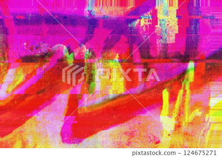 Vibrant Glitch Art in Neon Pink, Yellow, Orange for 90s, Y2K Aesthetic 124675271