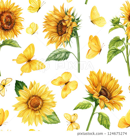 sunflowers and yellow butterflies seamless pattern, watercolor hand painted floral design with green leaves yellow flora sunflowers and yellow butterflies seamless pattern, watercolor hand painted floral design with green leaves yellow flora 124675274
