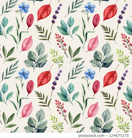 seamless pattern with autumn red leaves lavender wildflowers and green branches watercolor botanical foliage background seamless pattern with autumn red leaves lavender wildflowers and green branches watercolor botanical foliage background 124675278