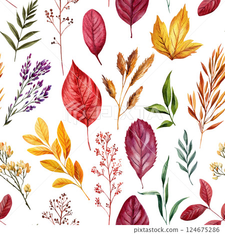 autumn botanical seamless pattern with red yellow leaves and dry branch watercolor hand painted fall foliage background 124675286