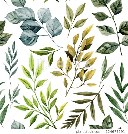 greenery seamless pattern with tropical and forest leaves in various shades watercolor botanical foliage illustration 124675291