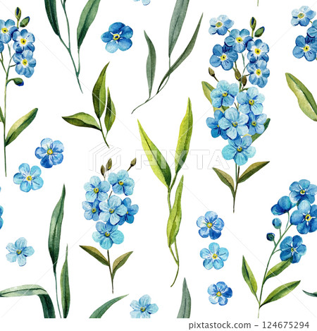 floral seamless pattern with blue forget me not flowers and green leaves watercolor botanical wildflower illustration 124675294