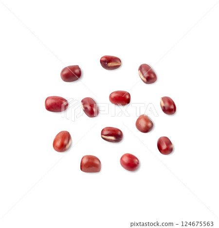 Red adzuki beans, raw aduki bean pile, Vigna angularis legume seeds, scattered small dry azuki Red adzuki beans, raw aduki bean pile, Vigna angularis legume seeds, scattered small dry azuki 124675563