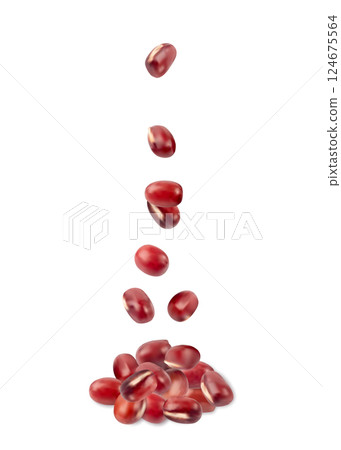 Red adzuki beans, raw flying aduki bean, Vigna angularis legume seeds levitate, falling Red adzuki beans, raw flying aduki bean, Vigna angularis legume seeds levitate, falling 124675564