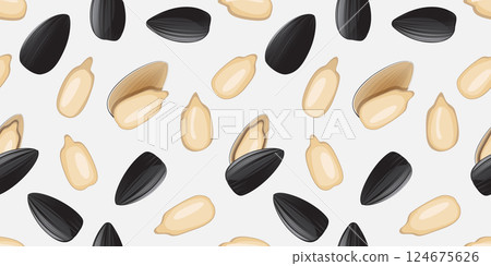 Sunflower seeds seamless pattern, peeled sun flower oil kernels vector background 124675626