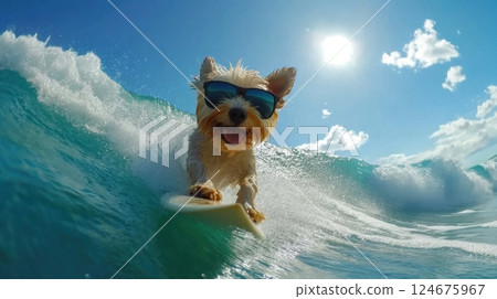 an adorable dog wearing sunglasses, surfing confidently on a wave under a bright blue sky 124675967
