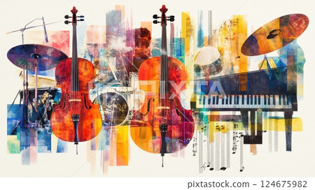 a colorful collage of musical instruments, including cellos, a drum set, cymbals, and a piano a colorful collage of musical instruments, including cellos, a drum set, cymbals, and a piano 124675982