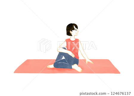 A woman doing a half fish king pose (Arda Mattzendrasana) Yoga hand-painted watercolor illustration material 124676137