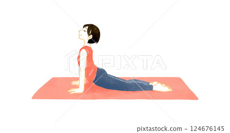 Woman doing Up Dog (Upward Facing Dog Pose) Yoga/Stretching Hand-drawn Watercolor Illustration Woman doing Up Dog (Upward Facing Dog Pose) Yoga/Stretching Hand-drawn Watercolor Illustration 124676145