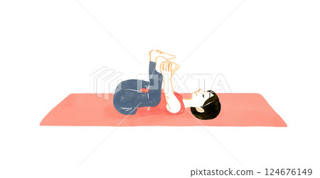 女人做快樂嬰兒姿勢瑜珈/伸展手繪水彩畫 124676149