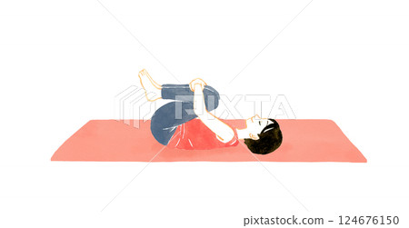 Woman doing gas release pose Yoga stretching hand-drawn watercolor illustration Woman doing gas release pose Yoga stretching hand-drawn watercolor illustration 124676150