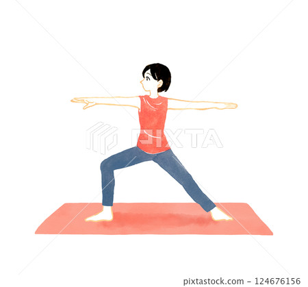 Woman doing warrior pose (hero pose) Yoga/stretching hand-drawn watercolor illustration Woman doing warrior pose (hero pose) Yoga/stretching hand-drawn watercolor illustration 124676156