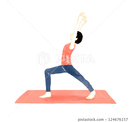 Woman doing warrior pose (hero pose) Yoga/stretching hand-drawn watercolor illustration 124676157