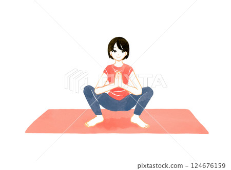 Woman doing easy birth pose (Malasana) Yoga/stretching hand-drawn watercolor illustration 124676159