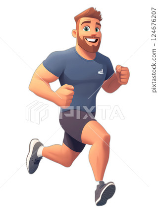 Cartoon athlete running, high-energy movement, fitness lifestyle, dynamic floating animation, transparent BG 124676207