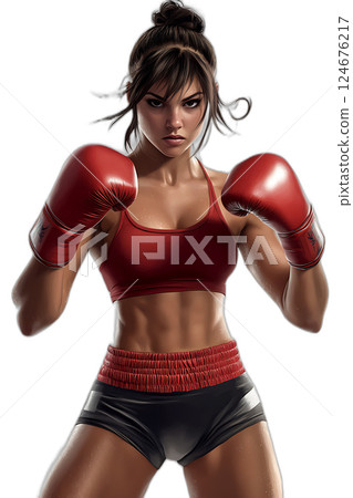 Female boxer in fighting stance, gloves up, strong physique, focused expression, floating character, transparent background 124676217