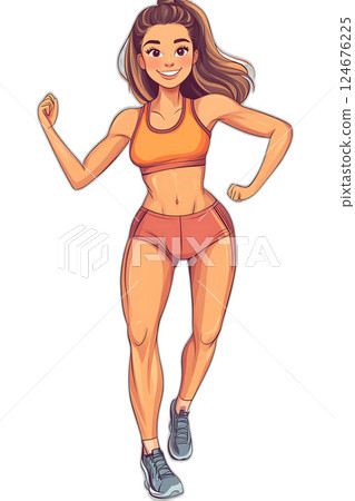 Cartoon fitness influencer posing for a social media post, stylish sportswear, confident smile, floating midair, transparent background 124676225