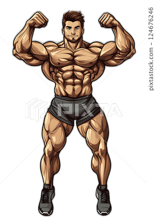 Cartoon male bodybuilder flexing biceps, muscular physique, confident pose, floating midair, transparent background 124676246