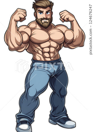 Cartoon male bodybuilder flexing biceps, muscular physique, confident pose, floating midair, transparent background 124676247