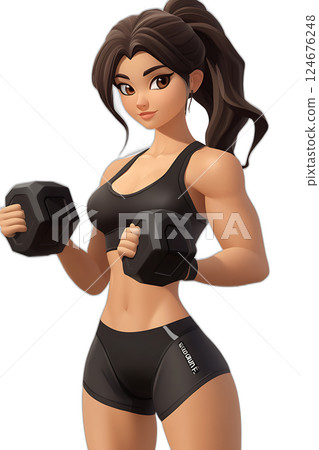 Animated female fitness trainer holding dumbbells, toned muscles, dynamic floating pose, transparent background 124676248