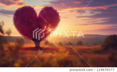 A vibrant, crimson red heart-shaped tree stands alone in the center of a serene landscape A vibrant, crimson red heart-shaped tree stands alone in the center of a serene landscape 124676577