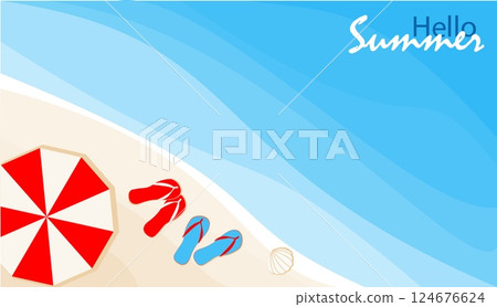 A vibrant summer day at the beach features a red and white striped umbrella next to colorful flip-flops on the soft sand. The clear blue water sparkles under the sun A vibrant summer day at the beach features a red and white striped umbrella next to colorful flip-flops on the soft sand. The clear blue water sparkles under the sun 124676624