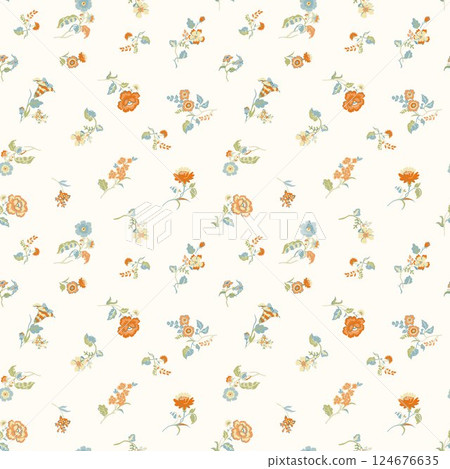 Seamless Millefleurs Floral Pattern with Small Hand-Drawn Flowers in Liberty Style. Vintage Spring Bouquet Design for Fashion Prints. Vertical floral wallpaper 124676635