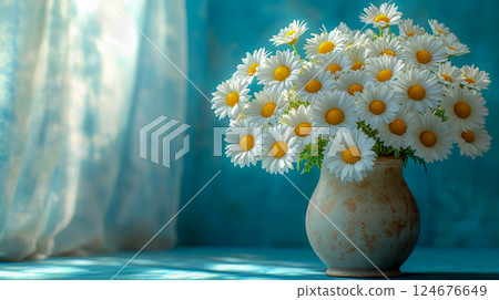 A bouquet of daisy flowers stands in a vintage style vase A bouquet of daisy flowers stands in a vintage style vase 124676649