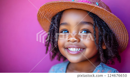 A smiling black child in a playful hat and casual outfit stands against a bright purple background 124676650
