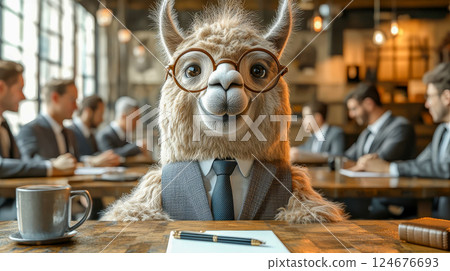 A smiling llama in round glasses and tie sips coffee while sitting at a conference table with a team of business professionals 124676693