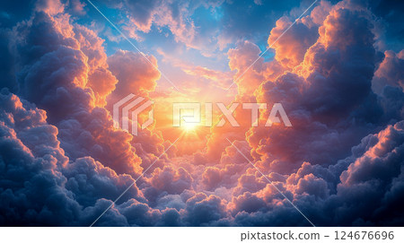 The summer sky is decorated with large puffy clouds, sunlight shining through the gaps between the clouds 124676696