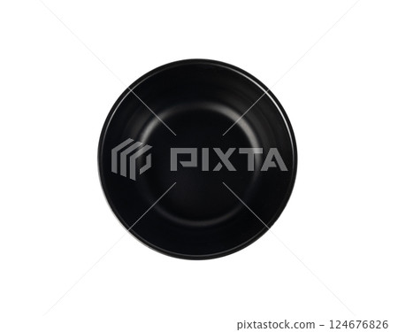 Empty bowl isolated, black plate banner, dark porcelain dish mockup, kitchen template 124676826