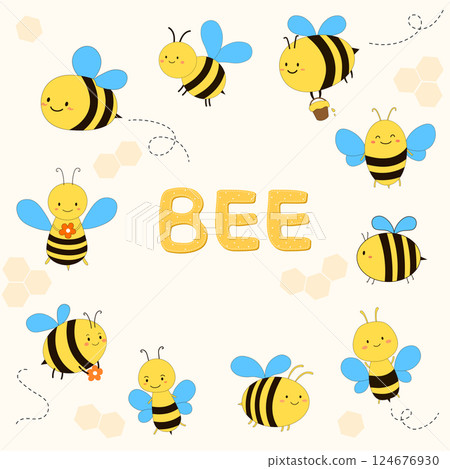 Cute honey bee character illustration set Cute honey bee character illustration set 124676930